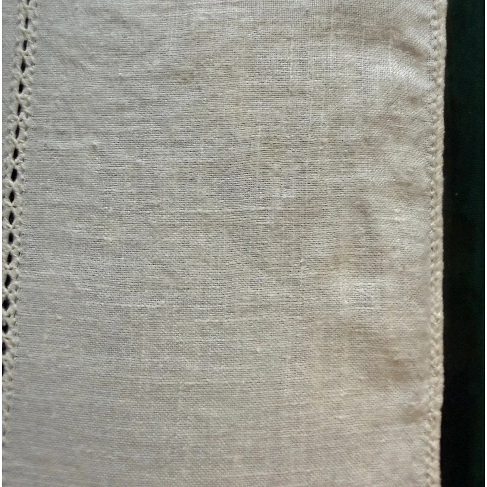 Vintage Off White Linen Square Tablecloth Embroidered Cutwork 33x33 inch